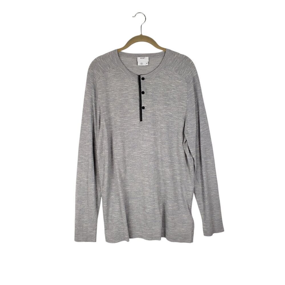 DKNY Henley Shirt Gray Cotton Wool Lamb Leather Trim Old Money Mens Medium